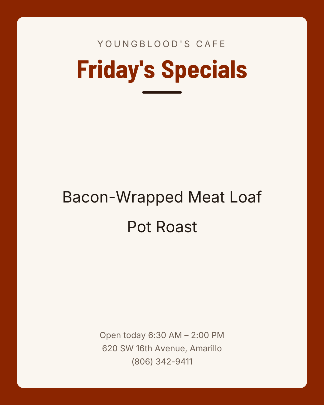 Friday's Specials – Catfish – Boneless Pork Chops