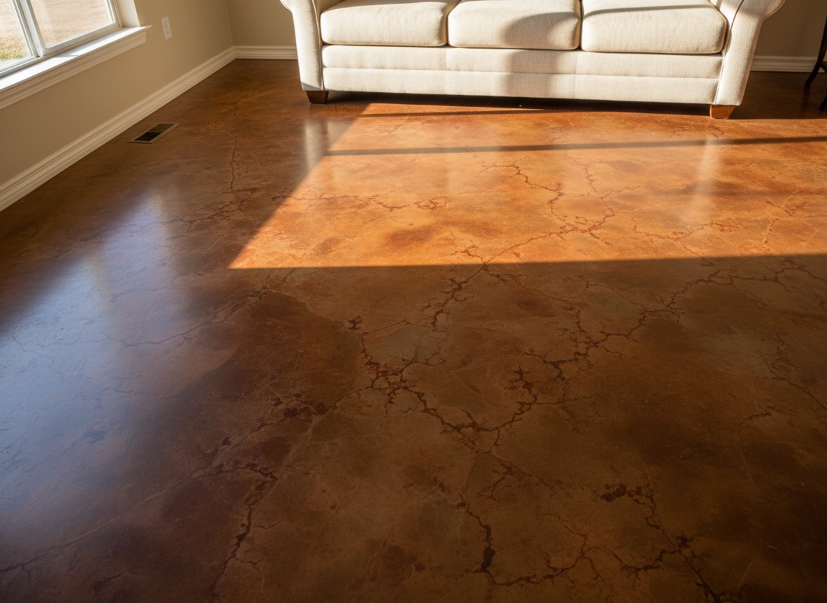 Stained interior concrete floor — amber marbling