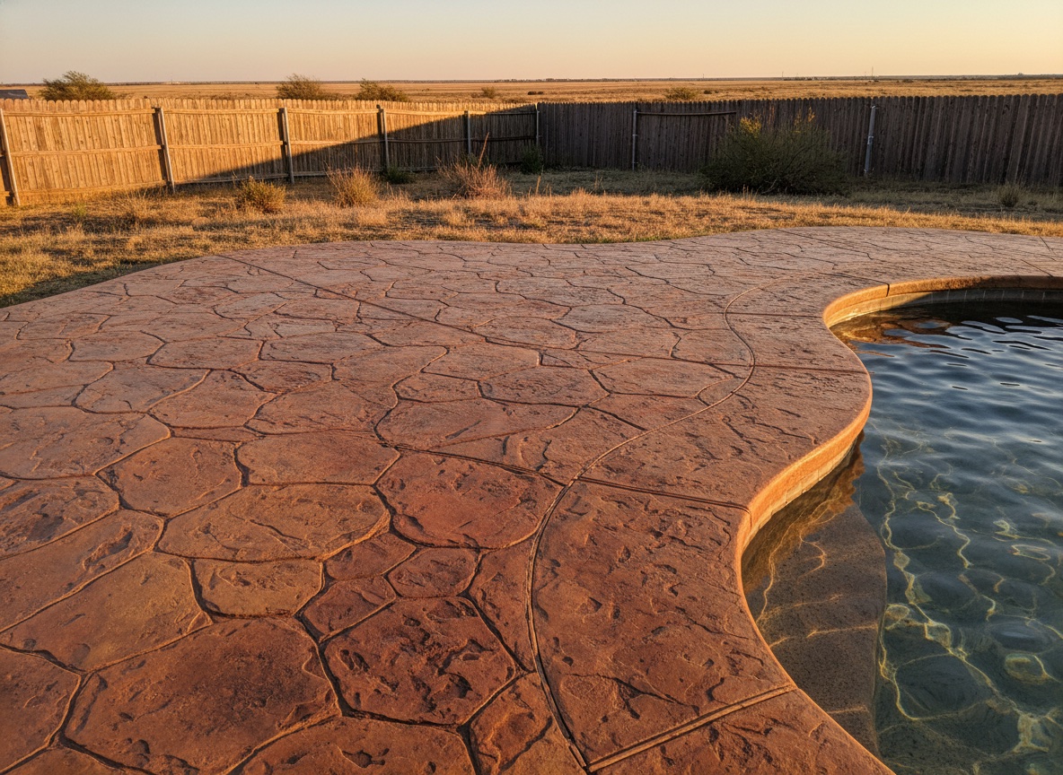 Stamped concrete pool deck — flagstone pattern in terra cotta