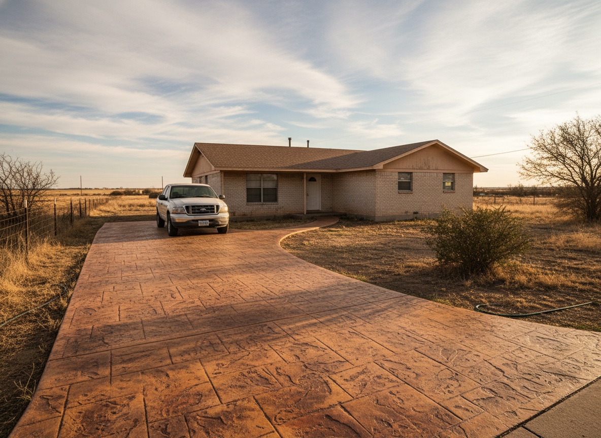 Decorative stamped concrete driveway — Texas Panhandle ranch home