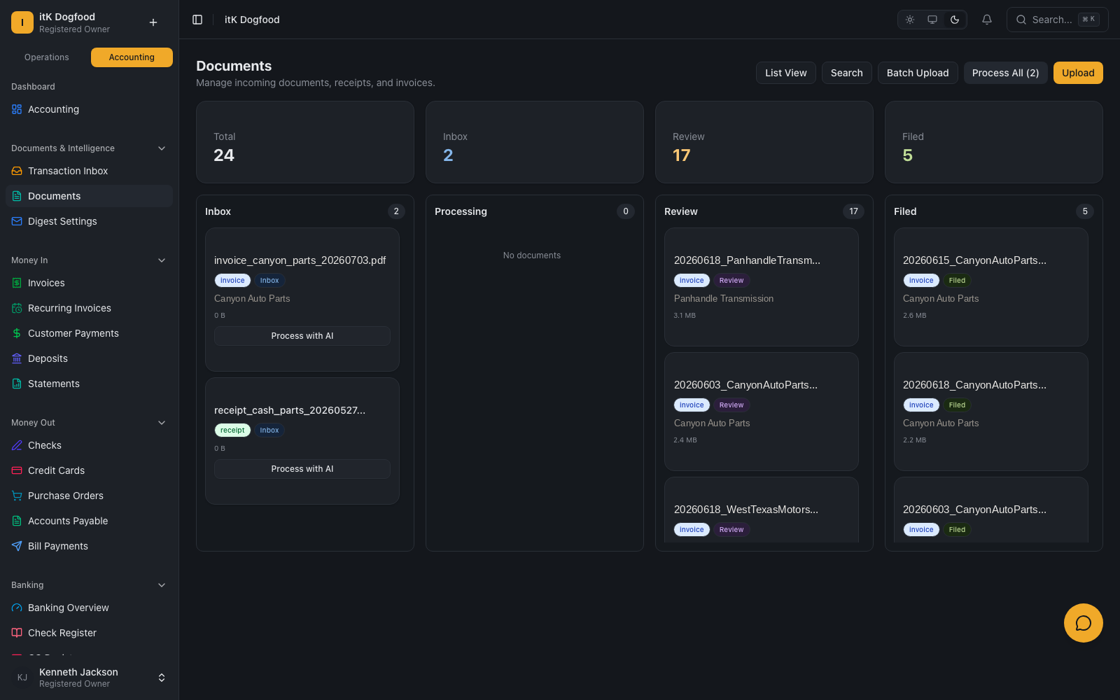 LogMyRepair document pipeline — scanned vendor invoices moving from inbox to filed