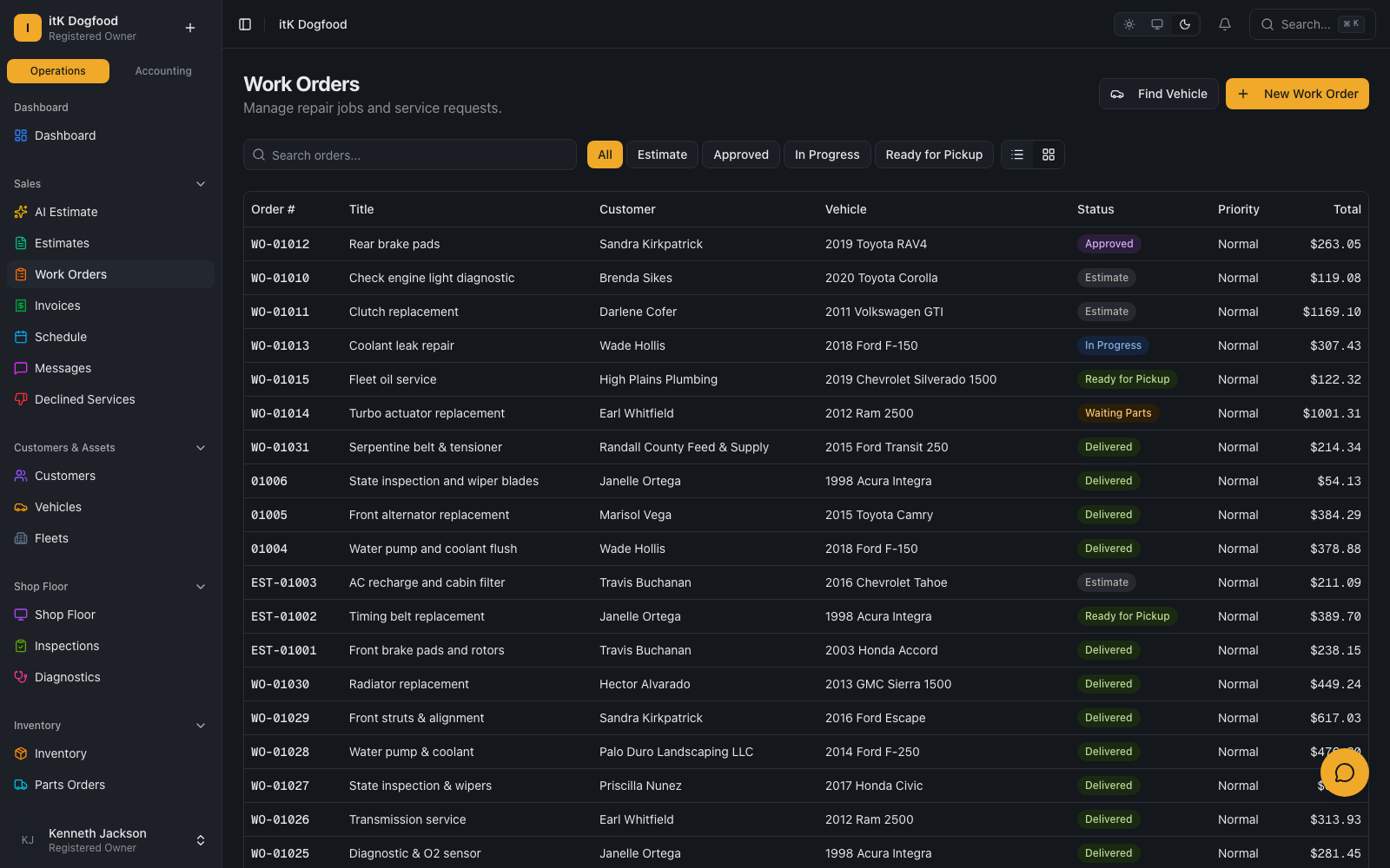 LogMyRepair work orders — the live pipeline from estimate to delivered